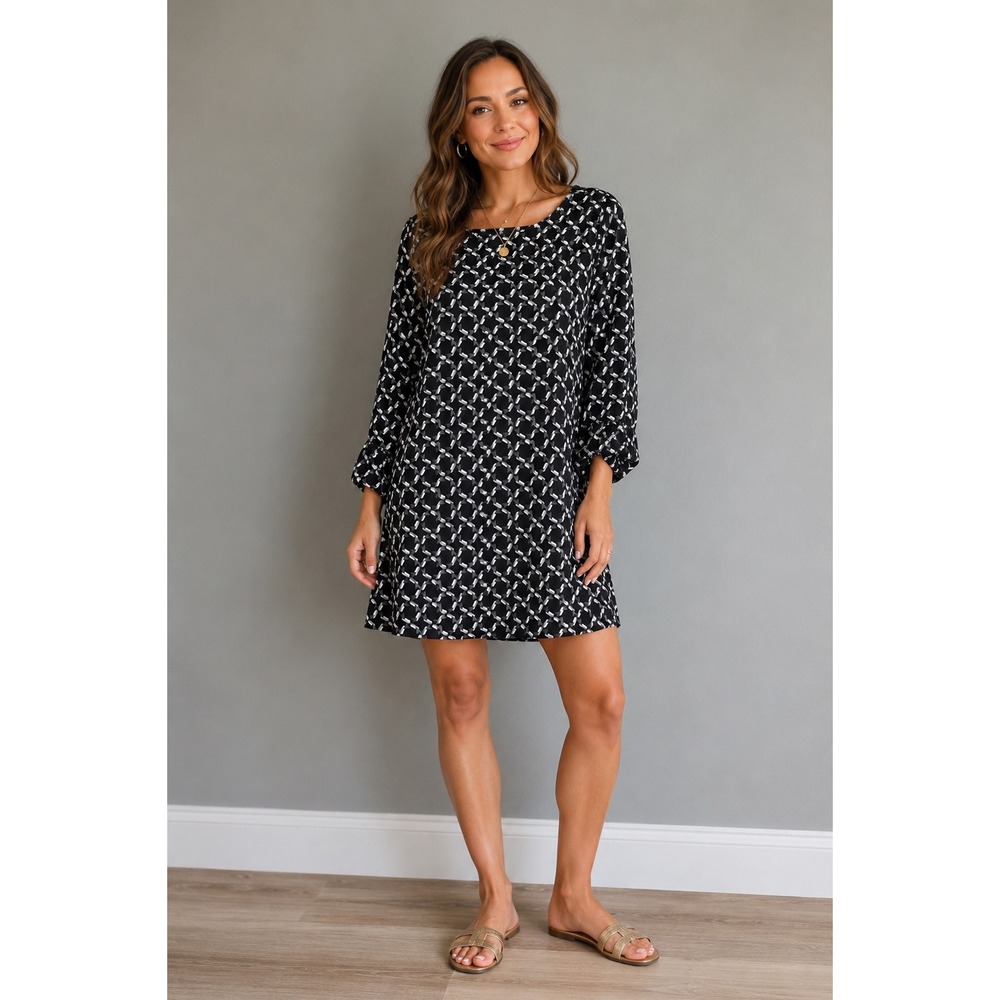 Laundry Shelli Segal Geometric Puff Sleeve Mini Dress Black White‎ NWT Size 8